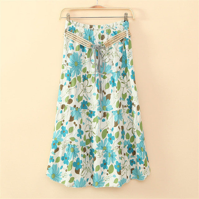 New Women Summer Skirt Long Floral skirts Female Fashion Bohemia Plus Size Elegantes Faldas With Bow Sashes 72426 GS