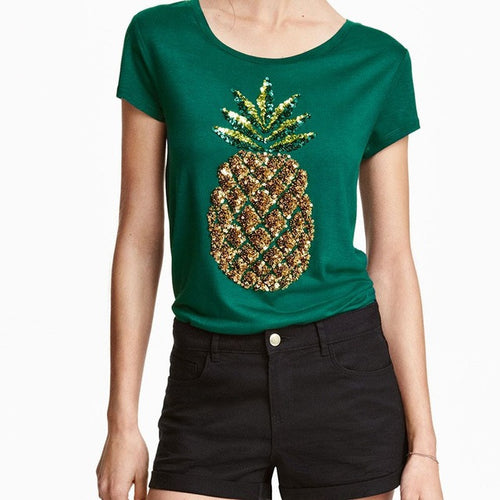 New Women Summer T Shirt Pineapple Print Fashion T-shirts Green Sequined Tops Female Short Sleeve t shirts Plus Size 62120 GS