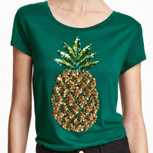 New Women Summer T Shirt Pineapple Print Fashion T-shirts Green Sequined Tops Female Short Sleeve t shirts Plus Size 62120 GS