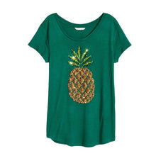 New Women Summer T Shirt Pineapple Print Fashion T-shirts Green Sequined Tops Female Short Sleeve t shirts Plus Size 62120 GS