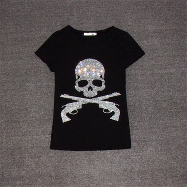 New Women T shirts Fashion T-shirt Woman O-neck Top Short Sleeve Skull Diamond Bling Female Plus Size t shirt 62561 GS