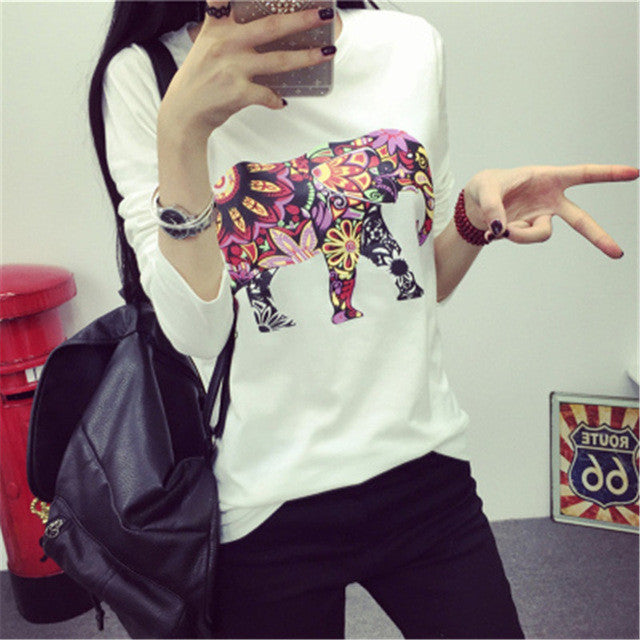 New Women T shirts clothing Animal Elephant Print t-shirt Women Top Full Sleeve Female O-neck Plus Size tops 71741 GS