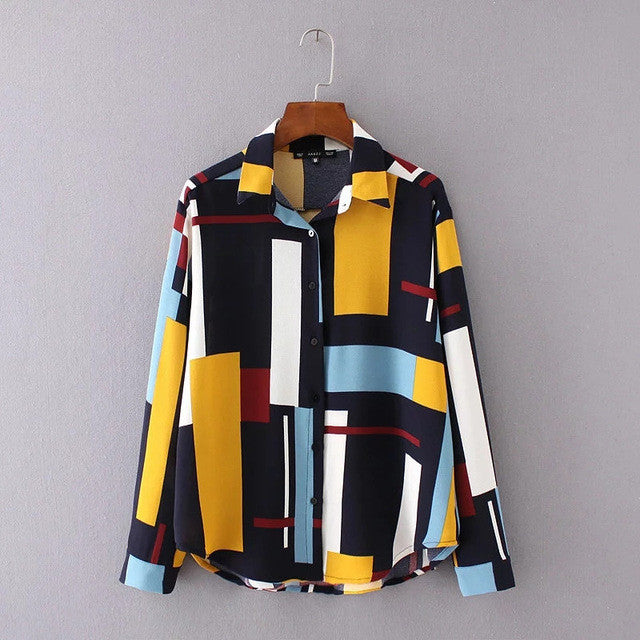 Plus Size Geometric Print Casual Blouses Long Sleeve Blusas Shirt Fashion Turn-down Collar Femininas Tops 72274 GS
