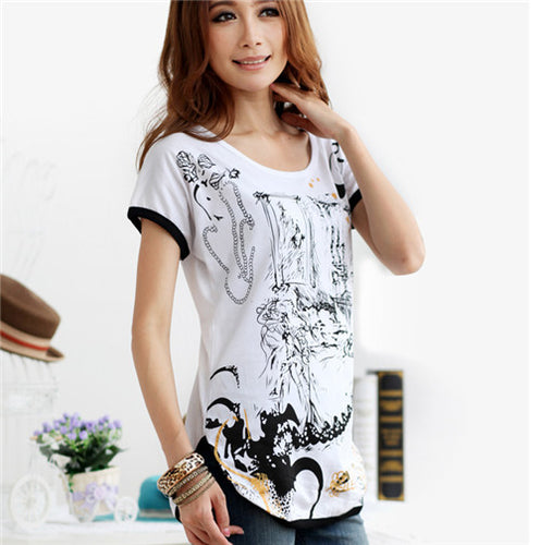 S-XL Fashion New Plus size T Shirts Women Loose t-shirts O-neck Floral Print Batwing Sleeve Tops A109 GS
