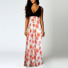 Sexy Floral Print  Elegant V Neck Long Sleeveless A-Line dress Women Fashion Beach Maxi Dress Vestidos Mujer #63 GS