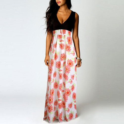 Sexy Floral Print  Elegant V Neck Long Sleeveless A-Line dress Women Fashion Beach Maxi Dress Vestidos Mujer #63 GS