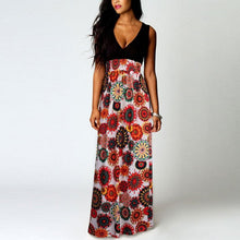Sexy Floral Print  Elegant V Neck Long Sleeveless A-Line dress Women Fashion Beach Maxi Dress Vestidos Mujer #63 GS