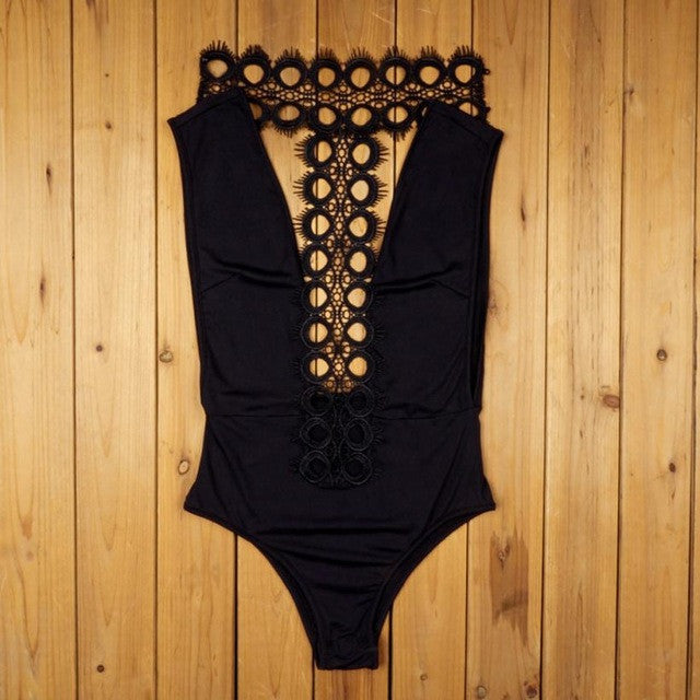 Sexy Women Halter Bodysuit Elegant Lace Splice Bodysuit Blackless Sleeveless Women Slim bodysuit combinaison femme Black&03 GS
