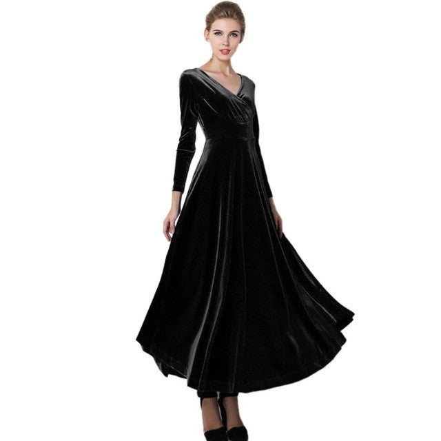 Sexy women Elegant Velvet Dress Plus Size S-3XL  Long Sleeve V Neck Long Maxi Ladies Evening Party Robe Femme #1215 GS
