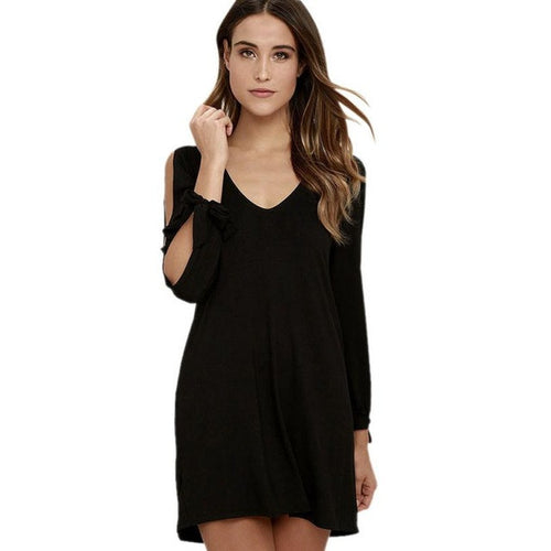 Solid   Elegant Dress Women Sexy Off Shoulder Long Sleeve Loose V neck Mini Dress Ladies Robe Femme #43 GS