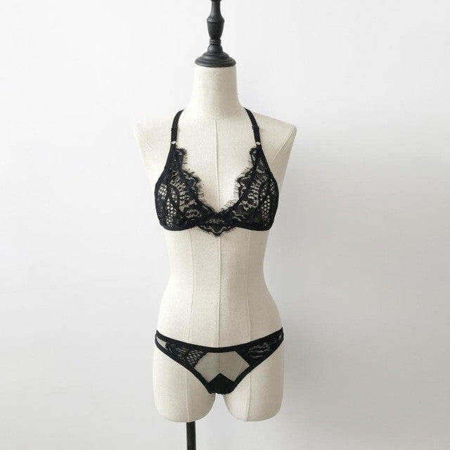 Cropped Women Lingerie Lace Sheer Corset Sexy Crop Top Lace Bra+ Underwear Set Croped Feminino Curto Black White #8 GS