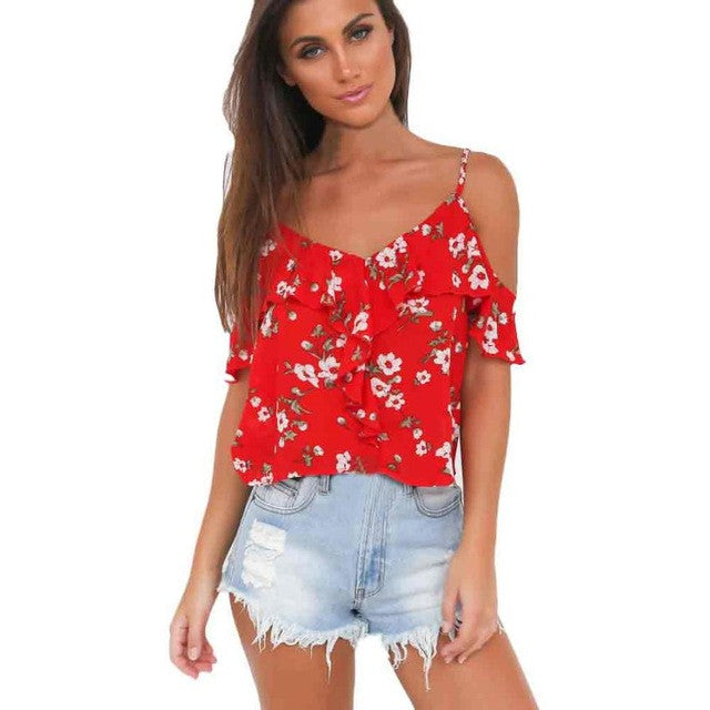 Fashion Women Flower Strapless Casual Blouse Drop Shoulder Sleeveless Beach Shirts Women Tops camisas mujer #43 GS