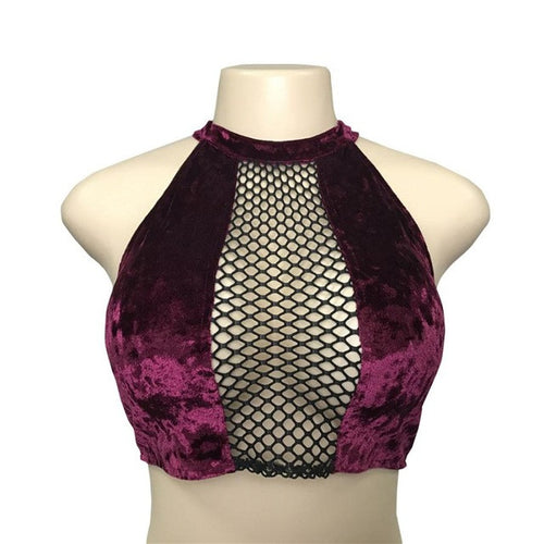 Halter Neck Sleeveless Crop Top For Women Velvet Hollow Out Mesh Splice Tank Tops Bustier Bralette Cami Female #63 GS