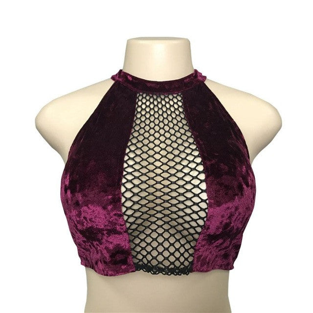 Halter Neck Sleeveless Crop Top For Women Velvet Hollow Out Mesh Splice Tank Tops Bustier Bralette Cami Female #63 GS