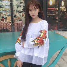 Summer New Fashion Women Summer Cute Fish Appliques T Shirt Casual Woman Full Sleeve Tops O-neck Plus Size tee 72526 GS