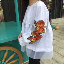 Summer New Fashion Women Summer Cute Fish Appliques T Shirt Casual Woman Full Sleeve Tops O-neck Plus Size tee 72526 GS