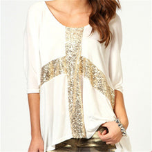 Summer New Women T Shirt Fashion O-neck Casual Women Bling Tops 3/4 Three Quarters Sleeve Cross Print t-shirt 71951 GS