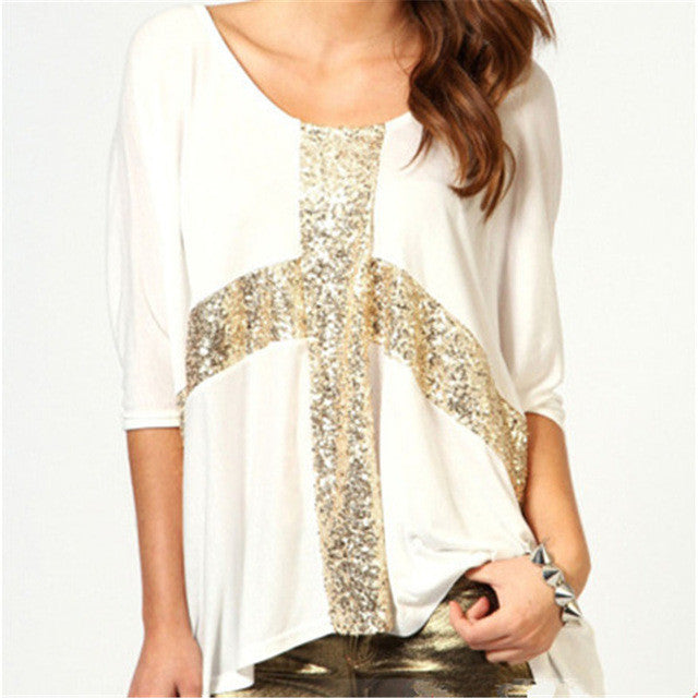 Summer New Women T Shirt Fashion O-neck Casual Women Bling Tops 3/4 Three Quarters Sleeve Cross Print t-shirt 71951 GS