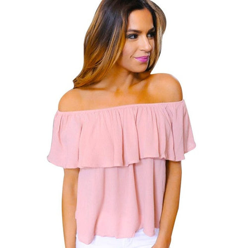 Sexy Slash Neck Ruffles Blouses Women Tops Off shoulder Beach  Pink Sleeveless Shirts Women Clothing #23 GS
