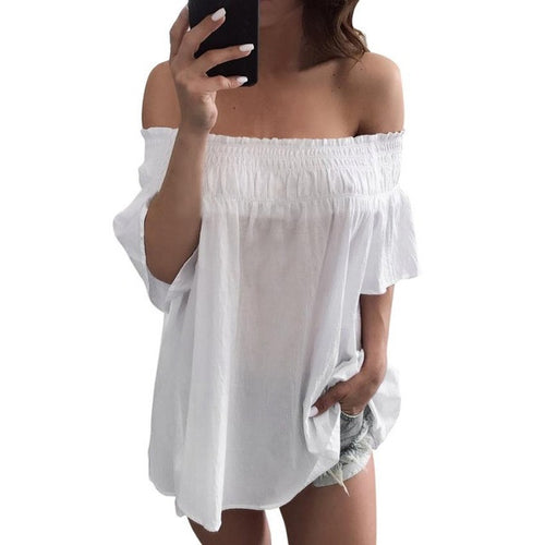 Sexy slash neck ruffles women tops Off shoulder beach  style tops Women blouses Shirts camisetas mujer #23 GS