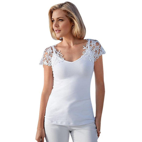 Style Women V-Neck Short Sleeve White Lace Splice Sexy Hollow Out Tops Ladies T-Shirt Female camisetas mujer #23 GS