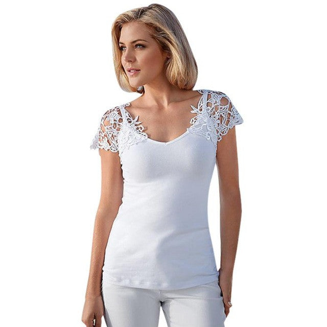 Style Women V-Neck Short Sleeve White Lace Splice Sexy Hollow Out Tops Ladies T-Shirt Female camisetas mujer #23 GS