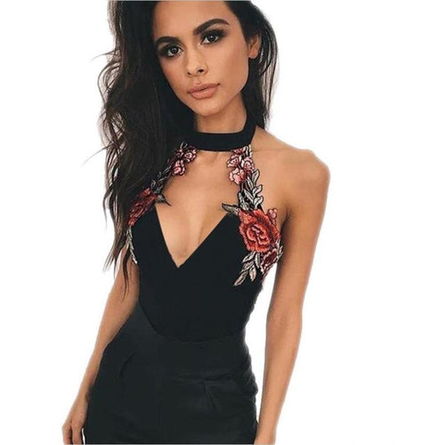 Women Clubwear Embroidered Halter Neck Bodycon Bodysuit Women Backless Jumpsuit Combishort Femme Ete #23 GS