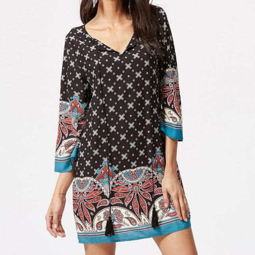 Women Dress Vintage Pirnt Boho Dresses V Neck Three Quarter Sleeve Loose Casual Short Mini Dress Robe Femme #63 GS