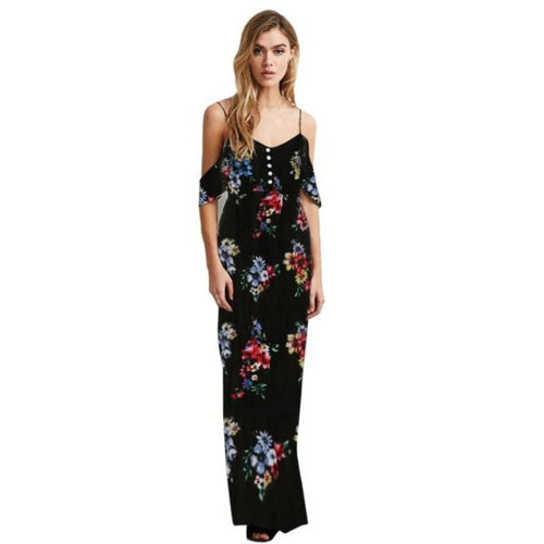 Women Floral Print Dress Sleeveless Cold Shoulder Strapless Long Dress Chiffon V Neck Boho Style Ladies Dresses #03 GS