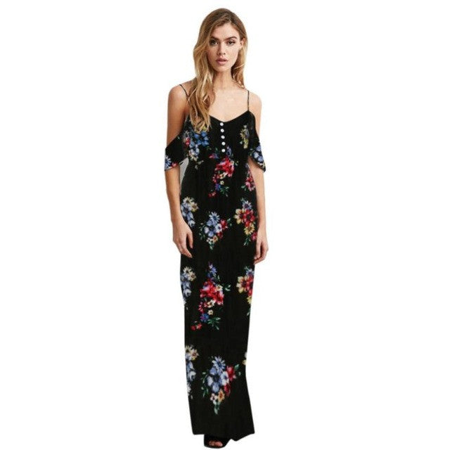Women Floral Print Dress Sleeveless Cold Shoulder Strapless Long Dress Chiffon V Neck Boho Style Ladies Dresses #03 GS