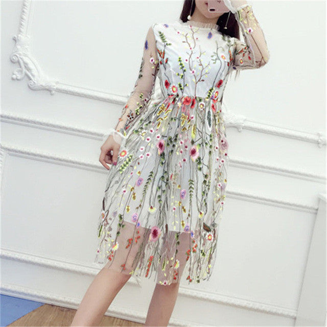 Summer Women Lace Dresses Full Sleeve Vestidos Sexy White Slim Dress Floral Embroidery Dress 72473 GS