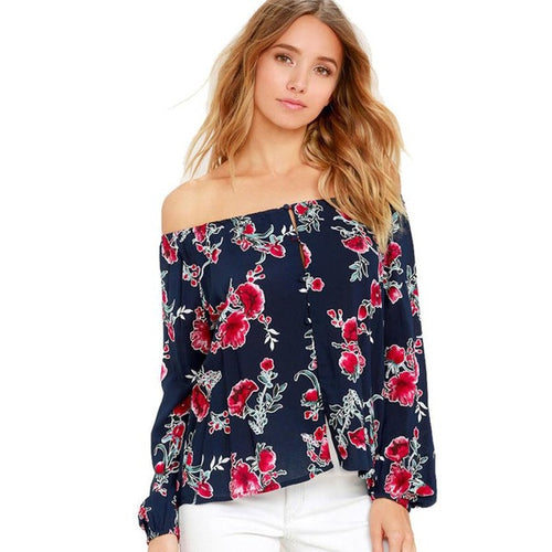 Women Shirts Women Blouse Floral Print Off Shoulder Long Sleeve   Womens Blouses vetement femme #63 GS