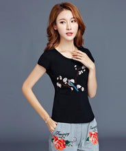 Summer Women T-shirts Embroidery Flowers/Wintersweet Printing Short Sleeves Top Tees Ethnic Style Femal Tops Clothing 33010 GS