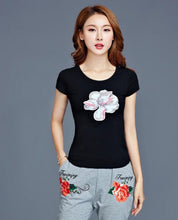 Summer Women T-shirts Embroidery Flowers/Wintersweet Printing Short Sleeves Top Tees Ethnic Style Femal Tops Clothing 33010 GS