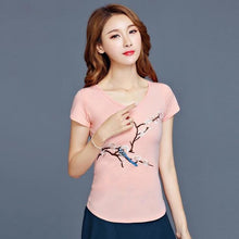 Summer Women T-shirts Embroidery Flowers/Wintersweet Printing Short Sleeves Top Tees Ethnic Style Femal Tops Clothing 33010 GS