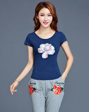 Summer Women T-shirts Embroidery Flowers/Wintersweet Printing Short Sleeves Top Tees Ethnic Style Femal Tops Clothing 33010 GS