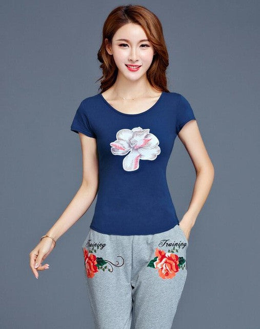 Summer Women T-shirts Embroidery Flowers/Wintersweet Printing Short Sleeves Top Tees Ethnic Style Femal Tops Clothing 33010 GS