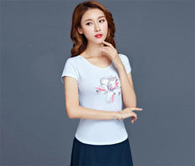 Summer Women T-shirts Embroidery Flowers/Wintersweet Printing Short Sleeves Top Tees Ethnic Style Femal Tops Clothing 33010 GS