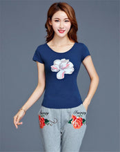Summer Women T-shirts Embroidery Flowers/Wintersweet Printing Short Sleeves Top Tees Ethnic Style Femal Tops Clothing 33010 GS