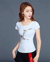 Summer Women T-shirts Embroidery Flowers/Wintersweet Printing Short Sleeves Top Tees Ethnic Style Femal Tops Clothing 33010 GS