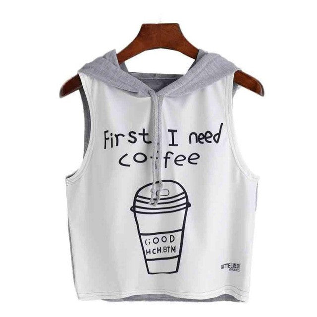 T Shirt Women Fashion Sexy Coffee First Letter Print Hooded Sleeveless T-Shirt Women  Tops camiseta mujer #23 GS