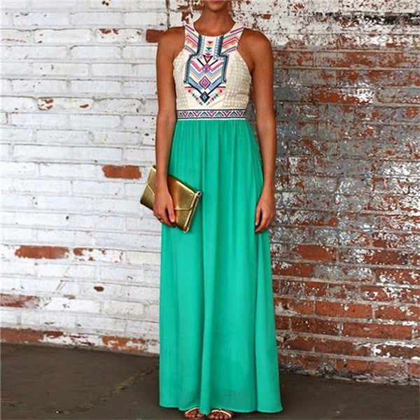 Vestidos Plus Size Sexy A-line Floor-length Dress Brief Sleeveless O-neck Tribal Print Irregular Lace Women Dresses 72005 GS