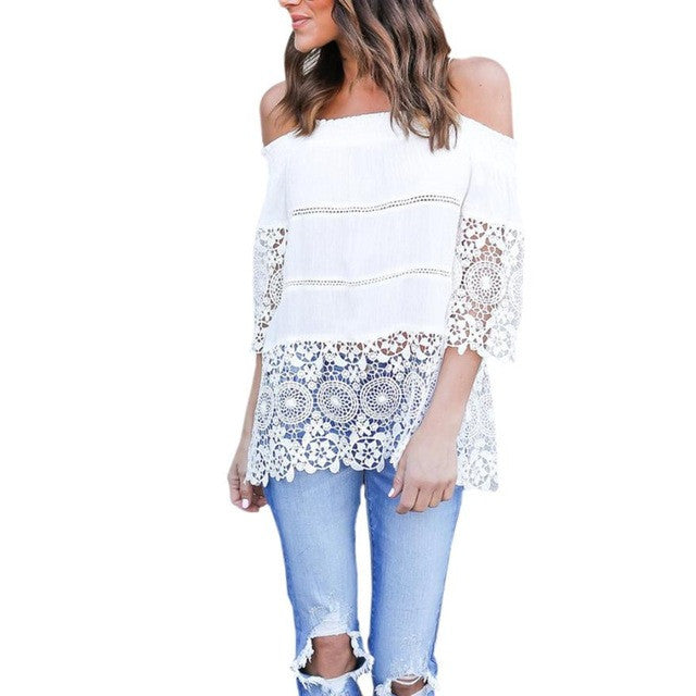 White Chiffon Shirts Women Summmer Off Shoulder Long Sleeve Blousses Casual Lace Splice Blouse Tops Blusas Mujer #23 GS