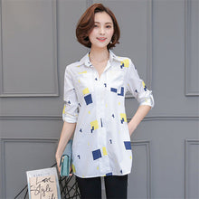 Woman Blouses Long Sleeves Geometric Print Shirt Turn-down Collar Tops Shirt Female Work Wear Blusas Plus Size 4XL 33072 GS