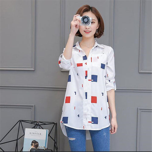 Woman Blouses Long Sleeves Geometric Print Shirt Turn-down Collar Tops Shirt Female Work Wear Blusas Plus Size 4XL 33072 GS