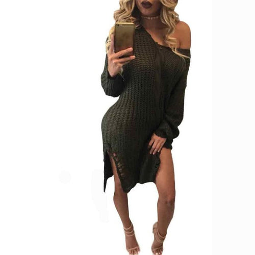 Women Army Green Sweater Dress For Women   Casual Side Splite Mini Dresses sexy Long Sleeve Women Clothing GS