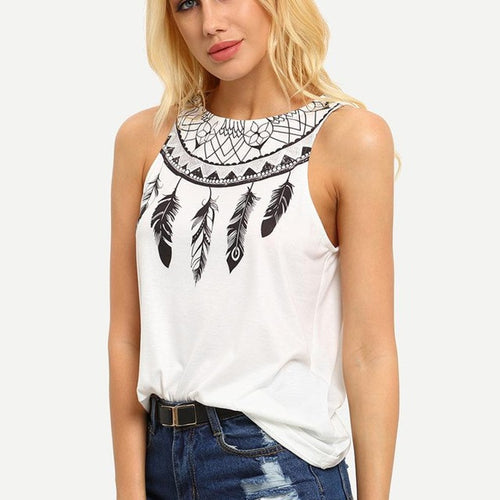 Women Casual Feather Print  Style Sleeveless T Shirt Women O Neck Tops Female Tee Shirt Femme camisetas mujer #25 GS