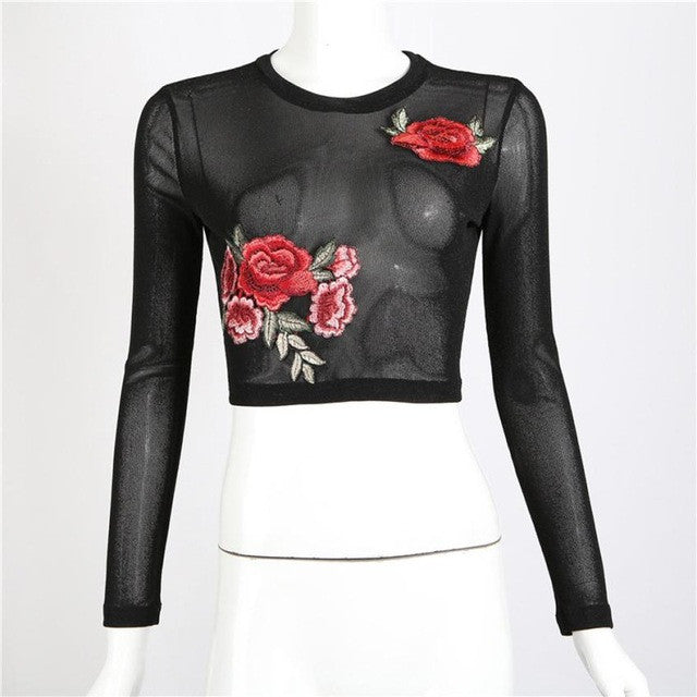 Women Embroidery Blouse  Fashion Long Sleeve Transparent Floral Sexy Perspective Tops Women Clothing chemise femme #23 GS