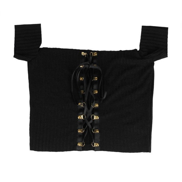 Women Fashion Sexy Off the Shoulder Tee Tops Women Short Style Solid Bandage Short Sleeve T-Shirt Womens #1215 GS