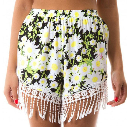Women Loose  Casual Elastic High Waist Short Femme Tassels Floral Print Chiffon Holiday Boho Shorts Woman #63 GS